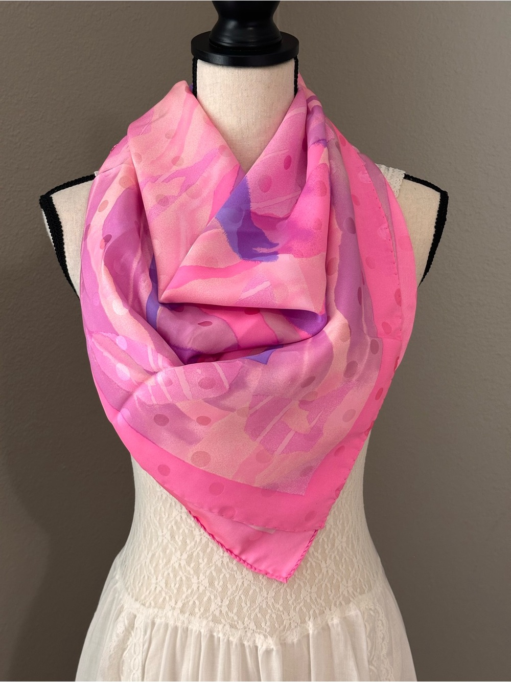 Vintage Laura Biagiotti Pink Purple Patterned Silk Scarf; made in Italy